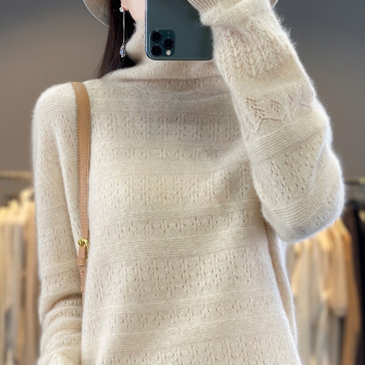 First-line clothing 100 sweater 2024 autumn and winter cross-border women's sweater pile collar hollow base sweater sweater