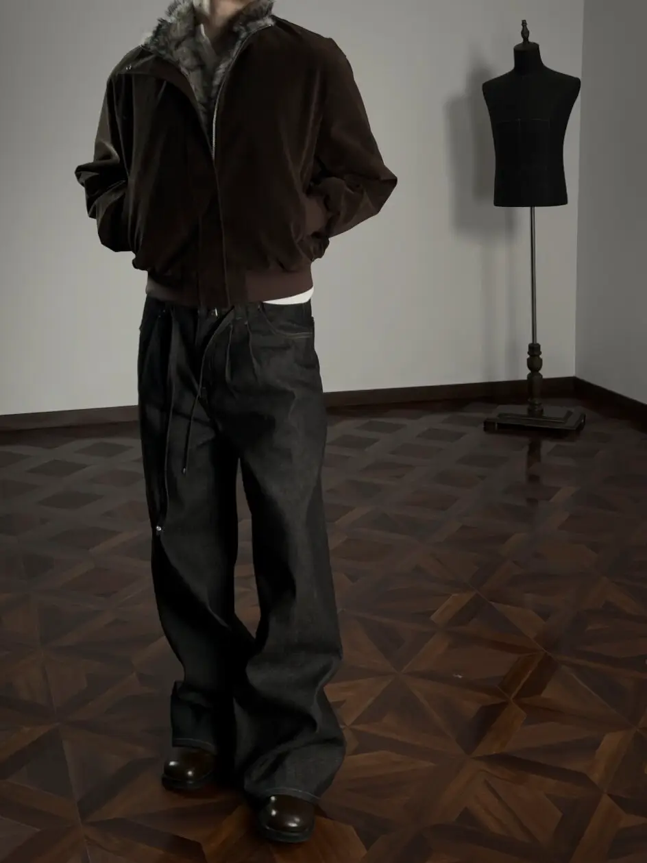 Oclin Hunting-Style Wolf King Jacket, Suede Leather, Mountain Eagle Design, Regular Shoulder, Slightly Oversized Silhouette, Diagonal Placket, Stand Collar, Unique Carved Design