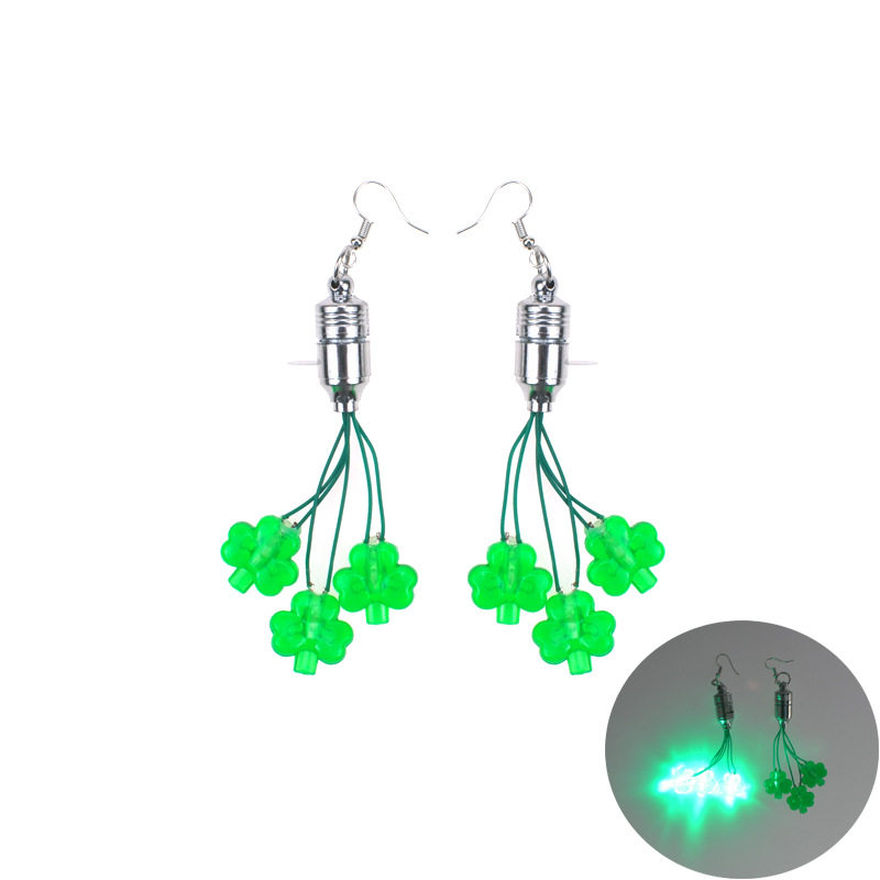 Cool Lyster St. Patrick's Day Led Light Shamrock Glow Earrings, Green Leaf Festival Flash Light Earrings