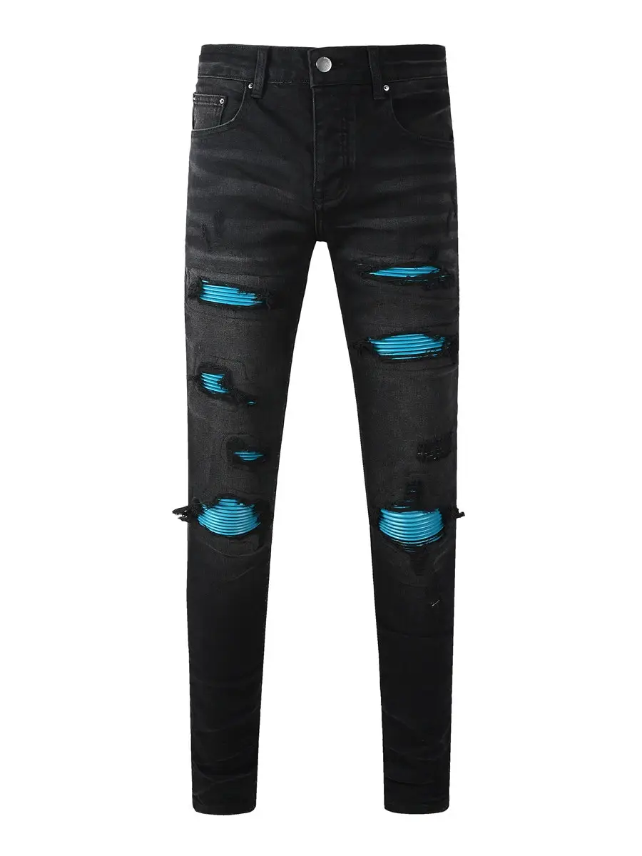 Amr Jeans American High Street Fashion Brand New Black Washed Blue Patch Fabric Ripped Slim Fit Jeans for Men