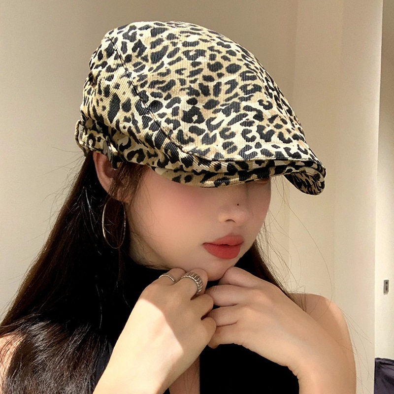Trendy Niche Design American Retro Leopard Print Duckbill Hat for Women, Summer Thin Fashion Beret Hat