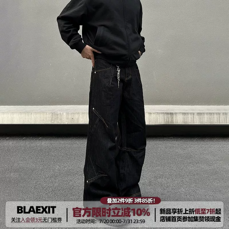 BLAEXIT American Pique Handsome High end Sensation Bright Line Original Color Jeans Men's Black Straight Wide Pants Autumn/Winter