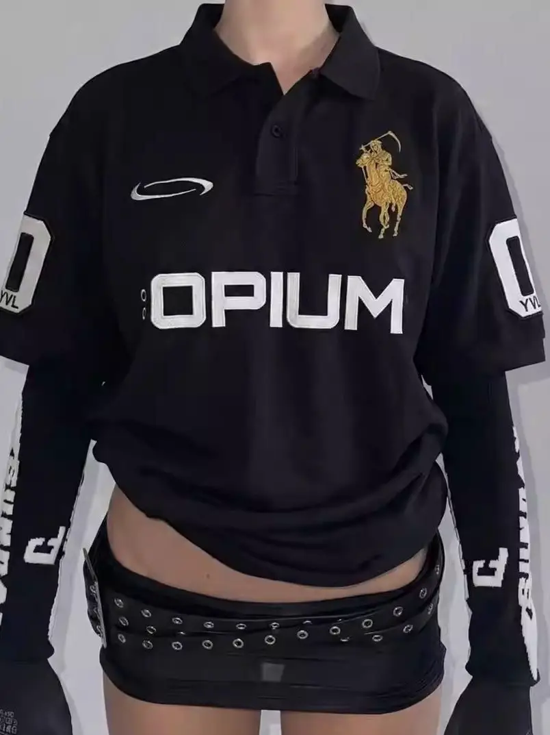 Opium 00 Oversized Polo Embroidered War Horse Perforated Yvl Style Lapel Short Sleeves
