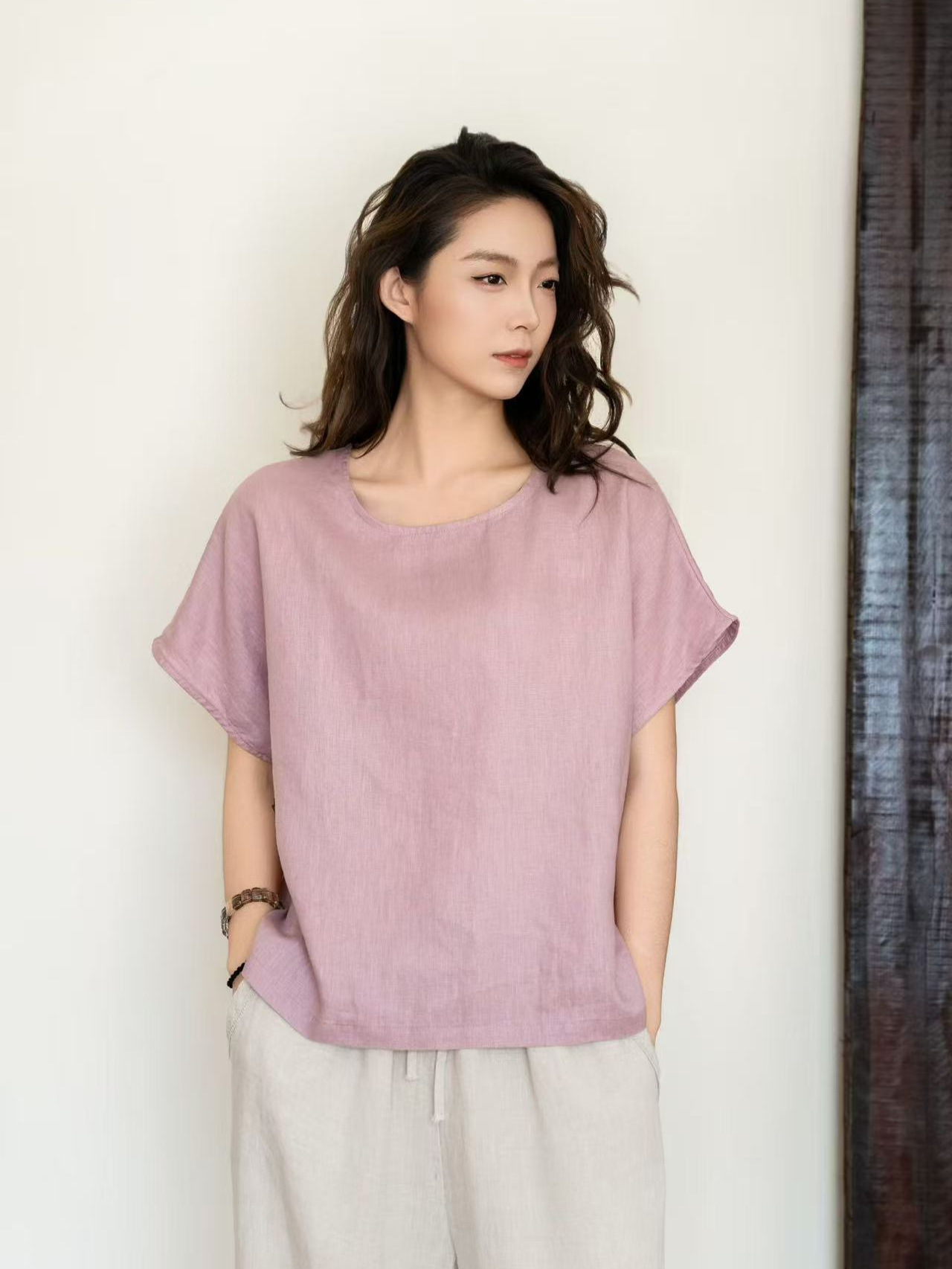 26 Summer Style Short-Sleeved Women's Pure Linen Loose Casual Pullover Round Neck Top Thin Skin-Friendly Shirt Half-Sleeved