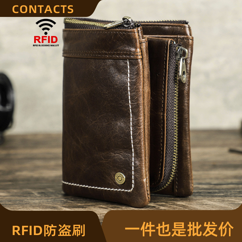 Black Angel First-Layer Cowhide Rfid Anti-Theft Brush Men's Wallet Multi-Functional Airtag Tracker Position Men's Wallet