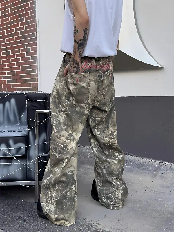 American style vintage baggy letter embroidered tree branch camouflage casual pants for men and women, loose straight leg casual wide leg pants