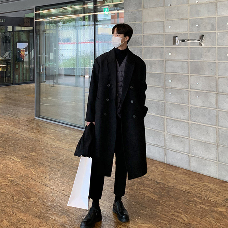 Autumn and Winter fleece-lined Thickened Woolen Coat Men's Mid-length Over-the-knee Korean Loose British Woolen Coat Trench Coat for Men