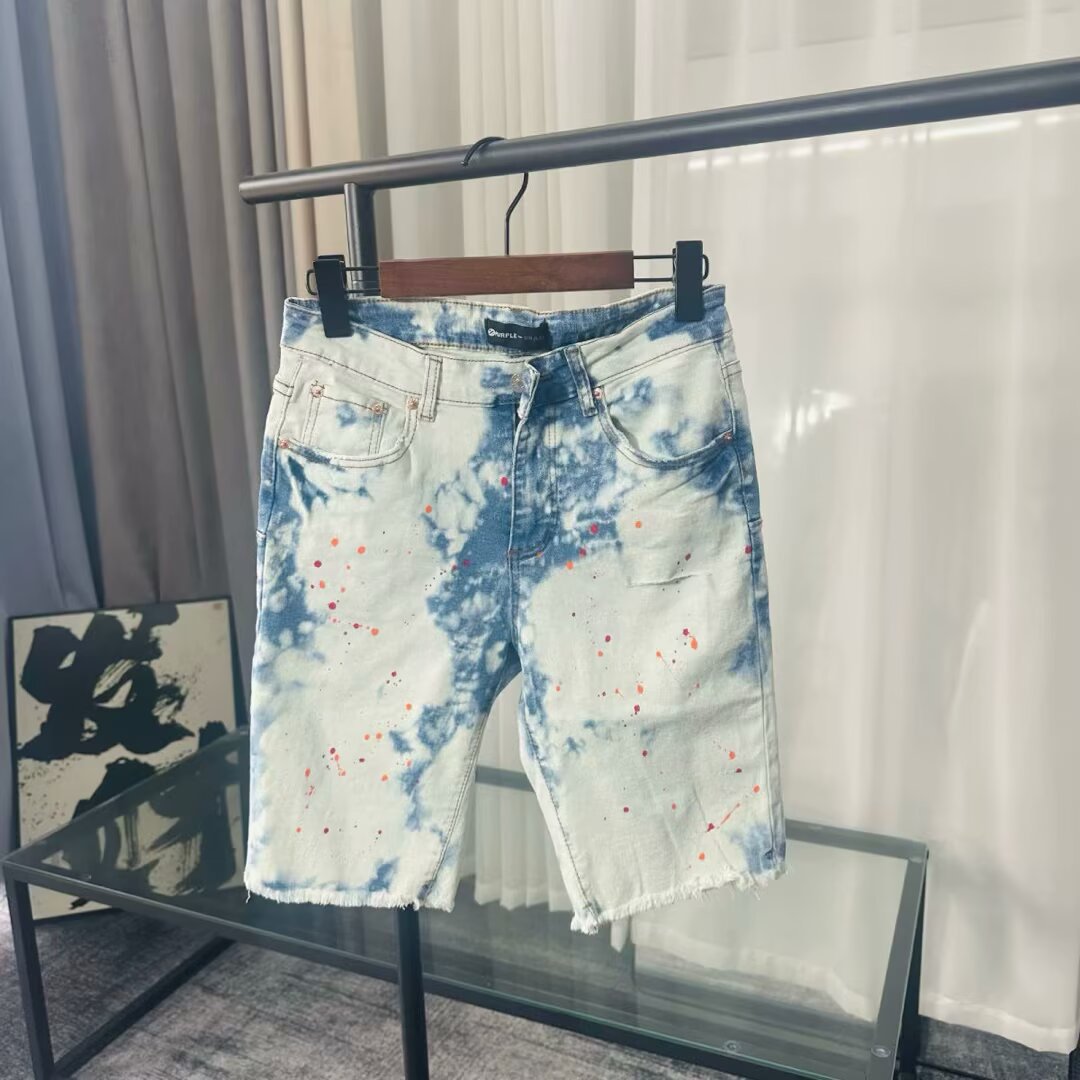 Trendy Distressed Men's Denim Shorts with Stretch and Print, Slim Fit