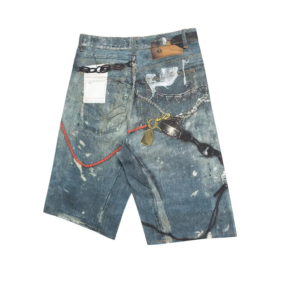 High Street Trendy Digital Print Splash Ink Loose Baggy Pants Chain Denim shorts Men's American Street Style Pants Ins