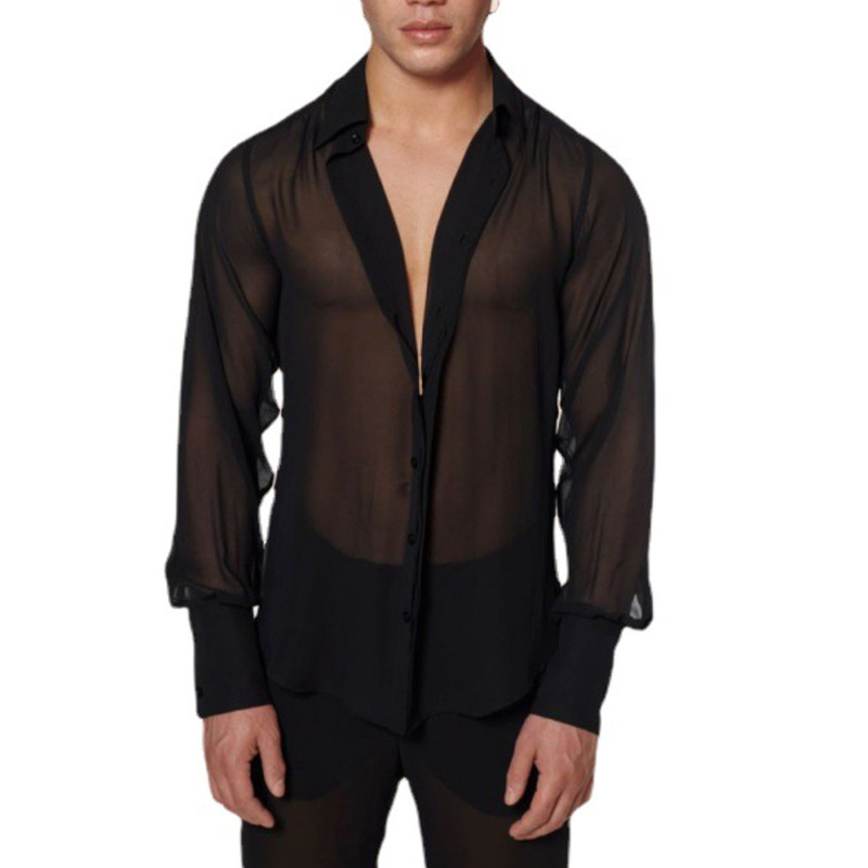 2026 Summer Men's Black Thin Breathable European and American Fashion Long-Sleeve Sexy Sheer Shirt with a Turn-Down Collar