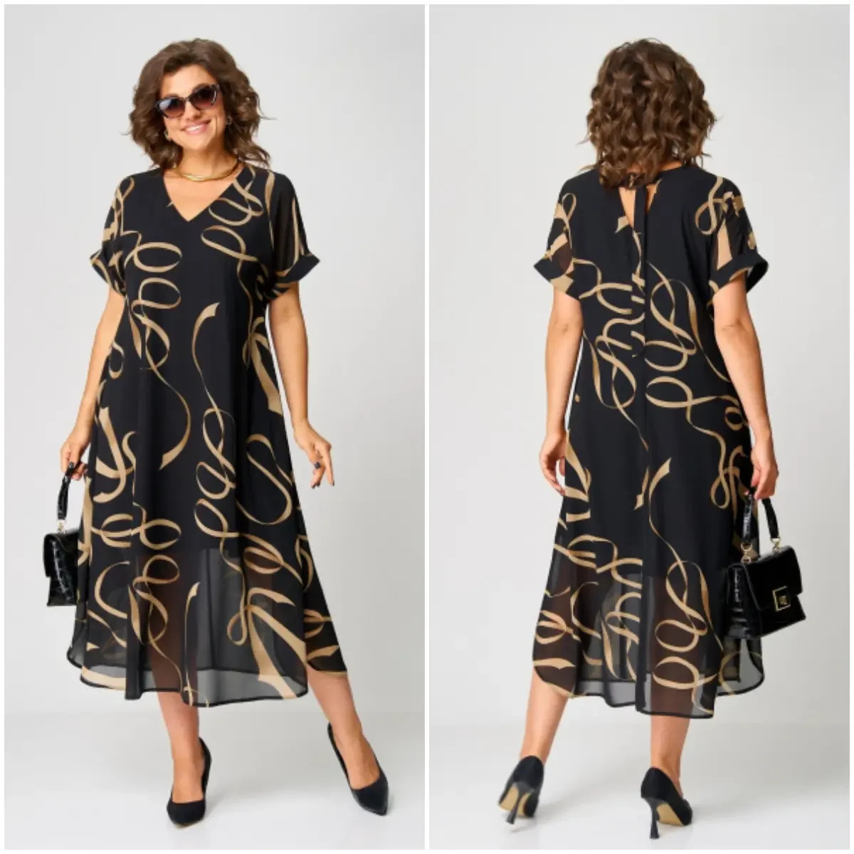 2026 European and American Independent Fashion Website New Dress with Lining, V-Neck Design, Elegant and Simple Black Printed Dress