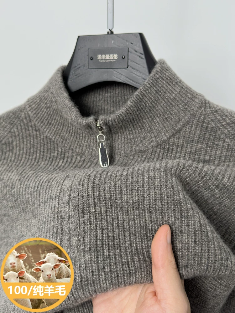 New 100% Wool Warm Knit Sweater for Men, Winter Men's Zip-Up Half-Turtleneck Thickened Casual Sweater