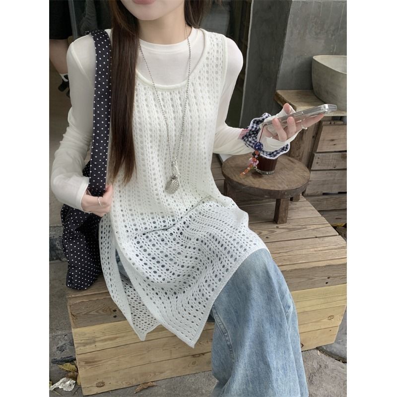 Summer Blouse, Korean Style Hollow-Out Camisole Dress, Sweet and Stylish Design, Versatile Layering Dress, Knitted Sweater for Women