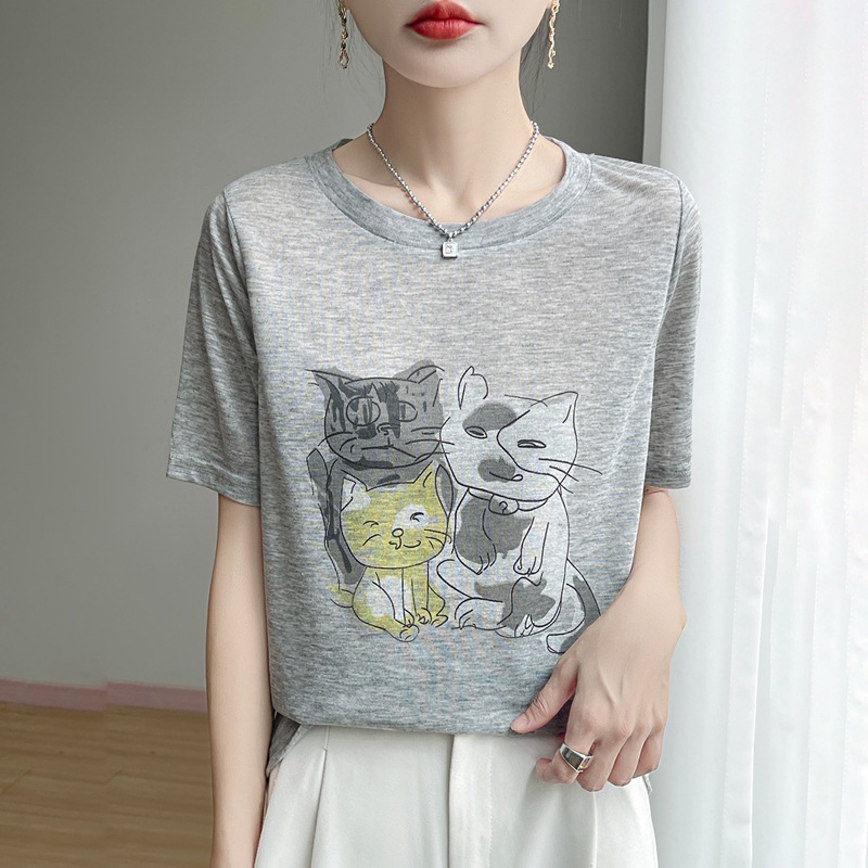 Summer New Fine-Spun Round Neck Knitwear Short-Sleeved T-Shirt Women's Cat Print Loose Pullover Bottoming Shirt Wholesale