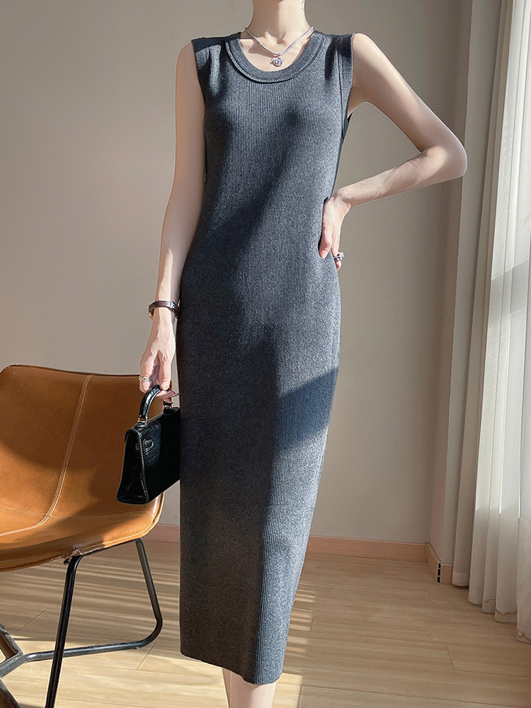 16 Needle Wool Spring and Autumn Crewneck Knitted dress Long Dress Elastic Base New Sleeveless Vessel Dress