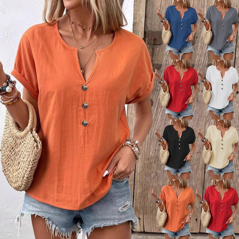 European and American Cross-Border 2025 Summer New Aliexpress Independent Station Amazon Button V-Neck Short-Sleeved T-Shirt Tops for Women