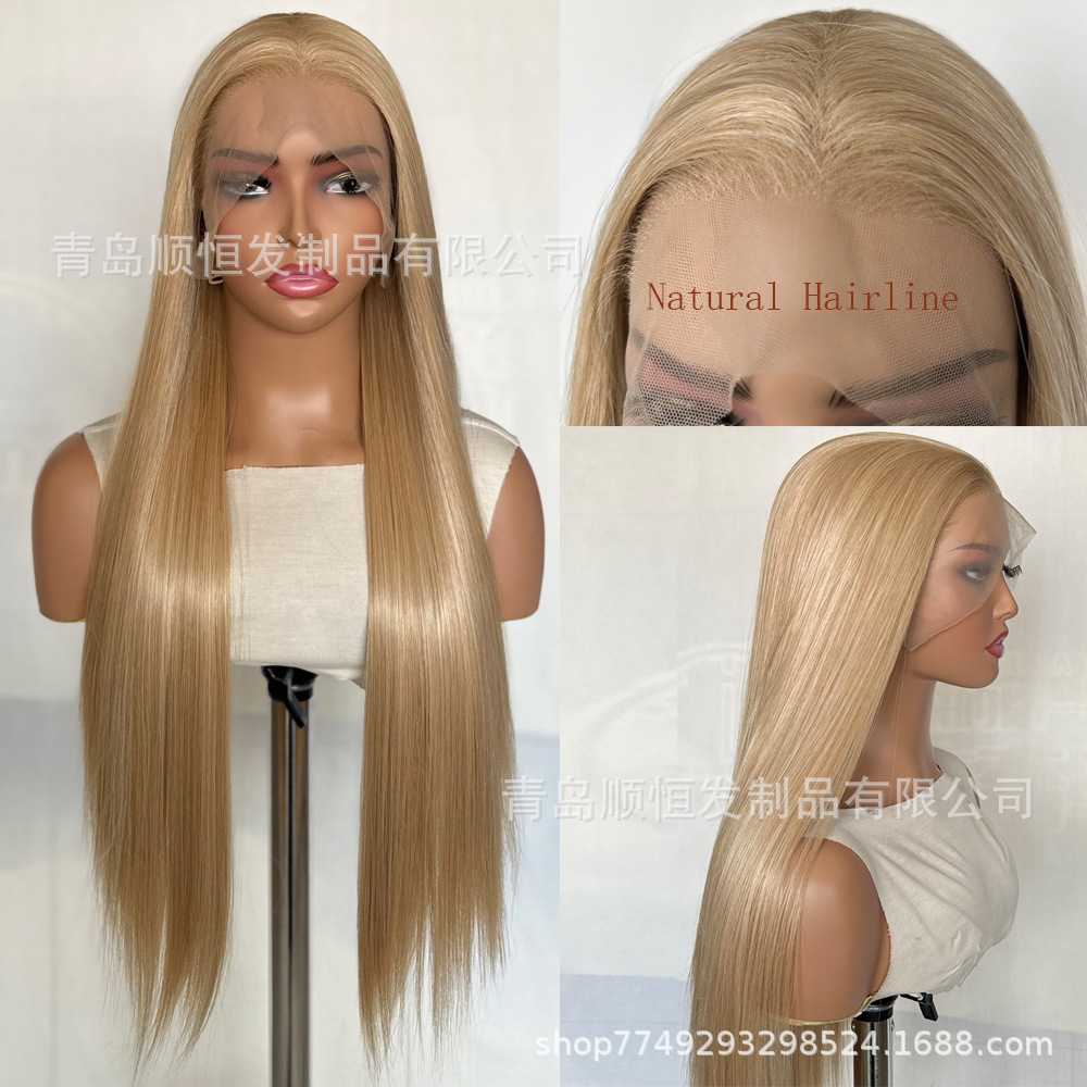 European and American Style Women's Lace Front Golden Long Straight Hair Natural Cosplay Full Wigs Wholesale from Qingdao Factory