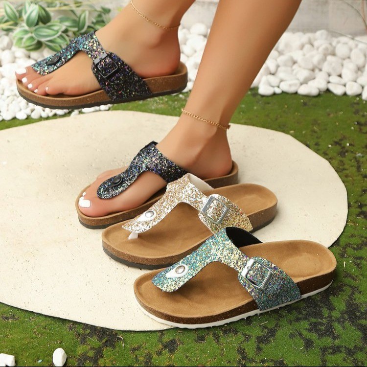 New Summer Style Couple's Cork Thick-Soled Flip-Flops for Men and Women, Outdoor Sequin Beach Sandals Wish