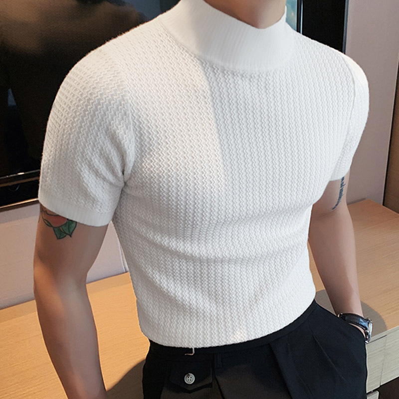 2026 Summer New Foreign Trade Men's Short-Sleeve Slim-Fit Simple Knit Base Shirt with Half-High Collar in Solid Color T-Shirt