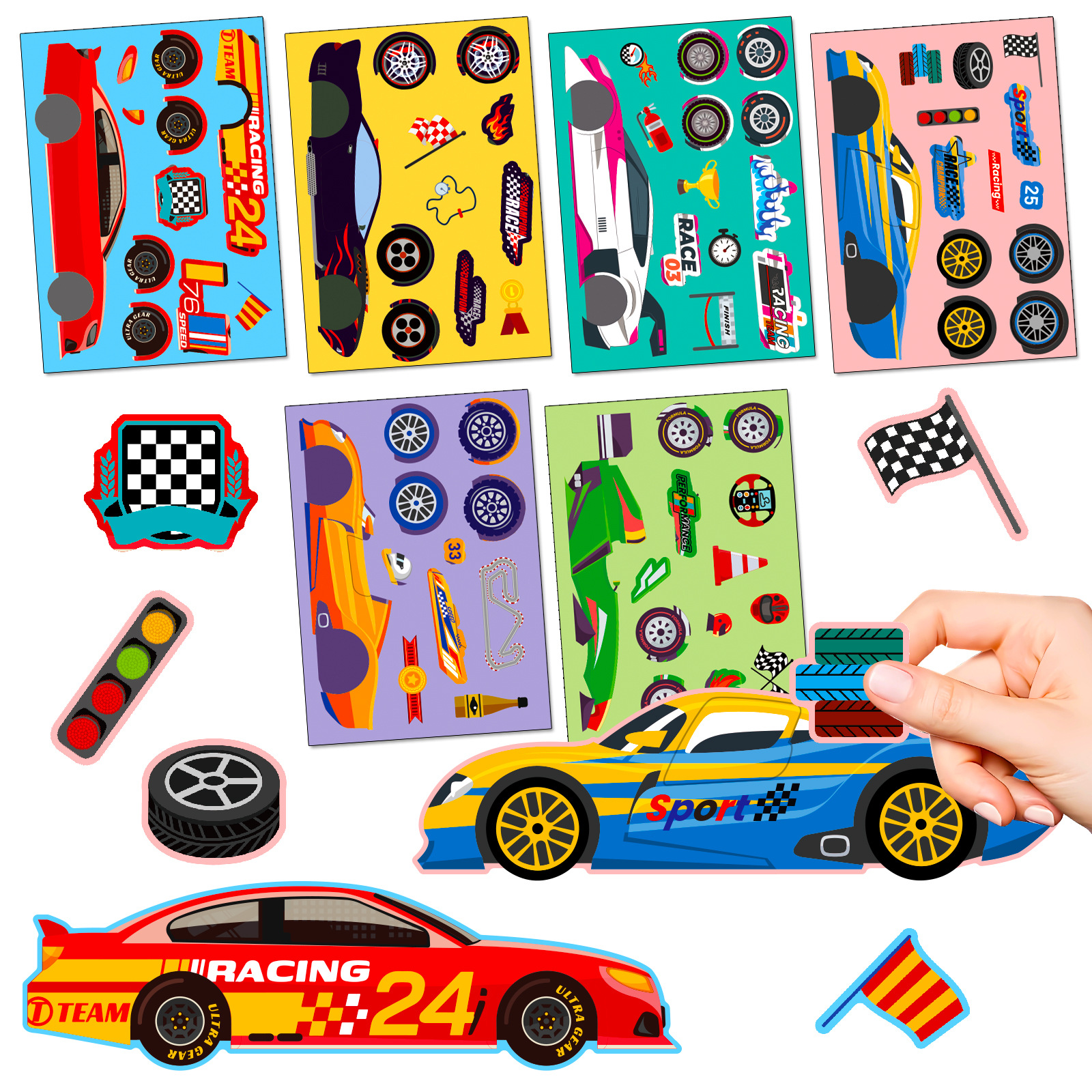 Cross-Border 6 Sheets/Pack Cool Racing Cartoon Puzzle Toy Stickers Children's Face-Changing DIY Reward Stickers
