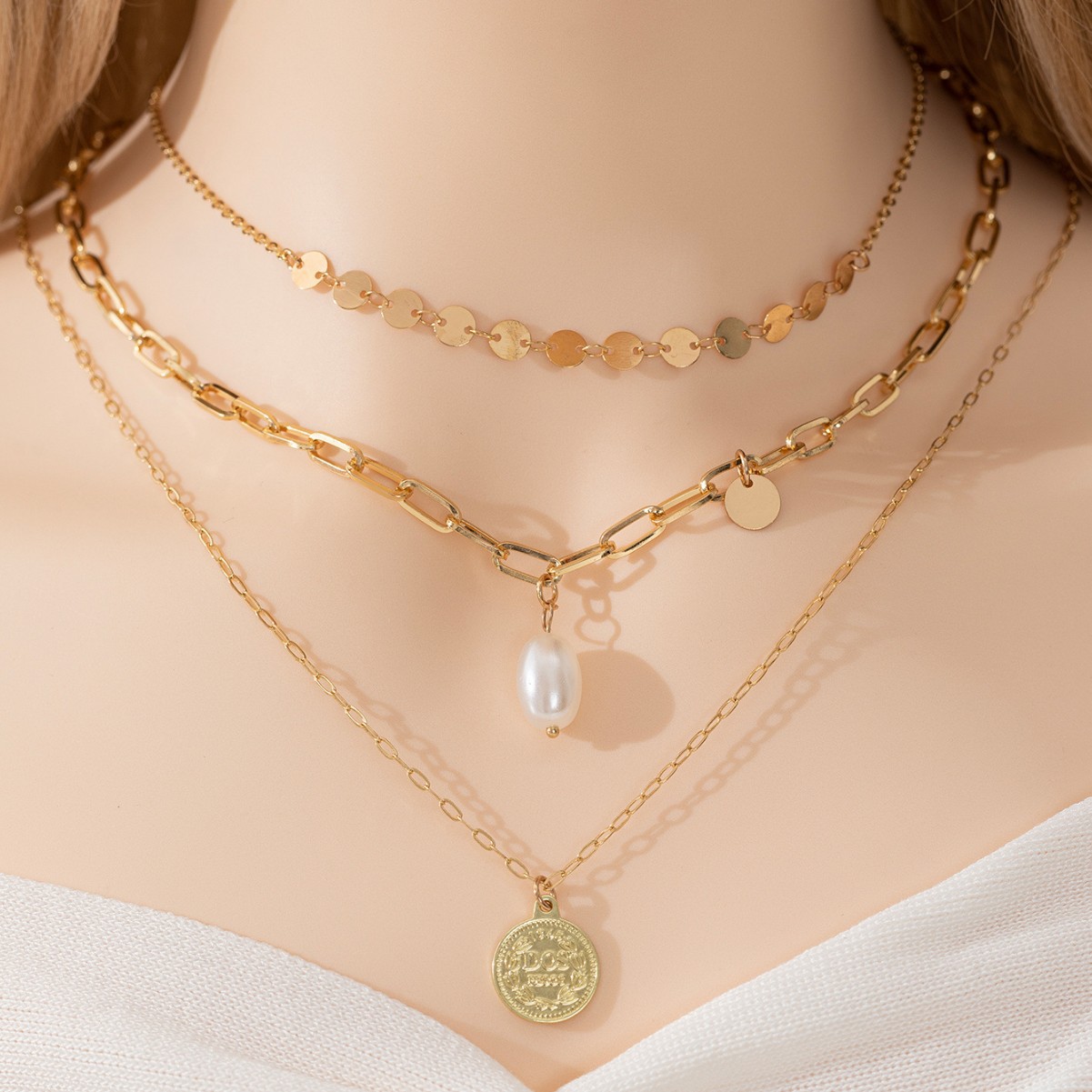 European and American Cross-border 14K Gold Pearl Chain Pendant Human Head Coin Multi-layer Necklace Punk Retro Clavicle Chain