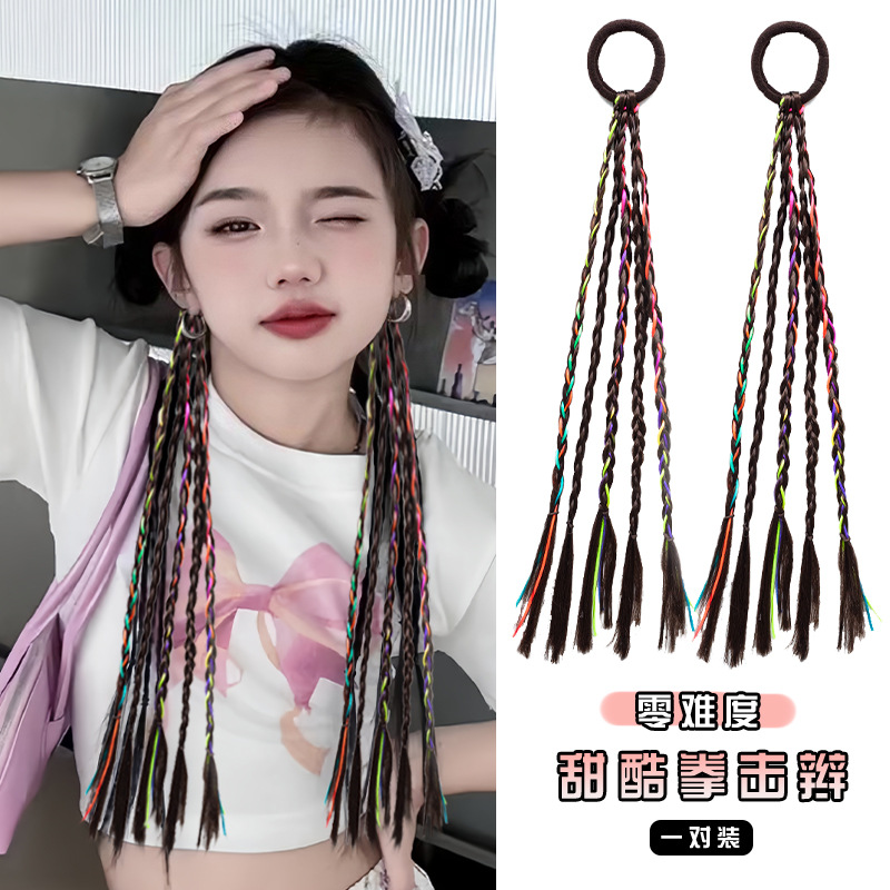Y2K Kidsren's Wig Braided Hair Band Sweet and Cool Boxing Braid Little Girl High Ponytail Bow Headband Hair Accessories