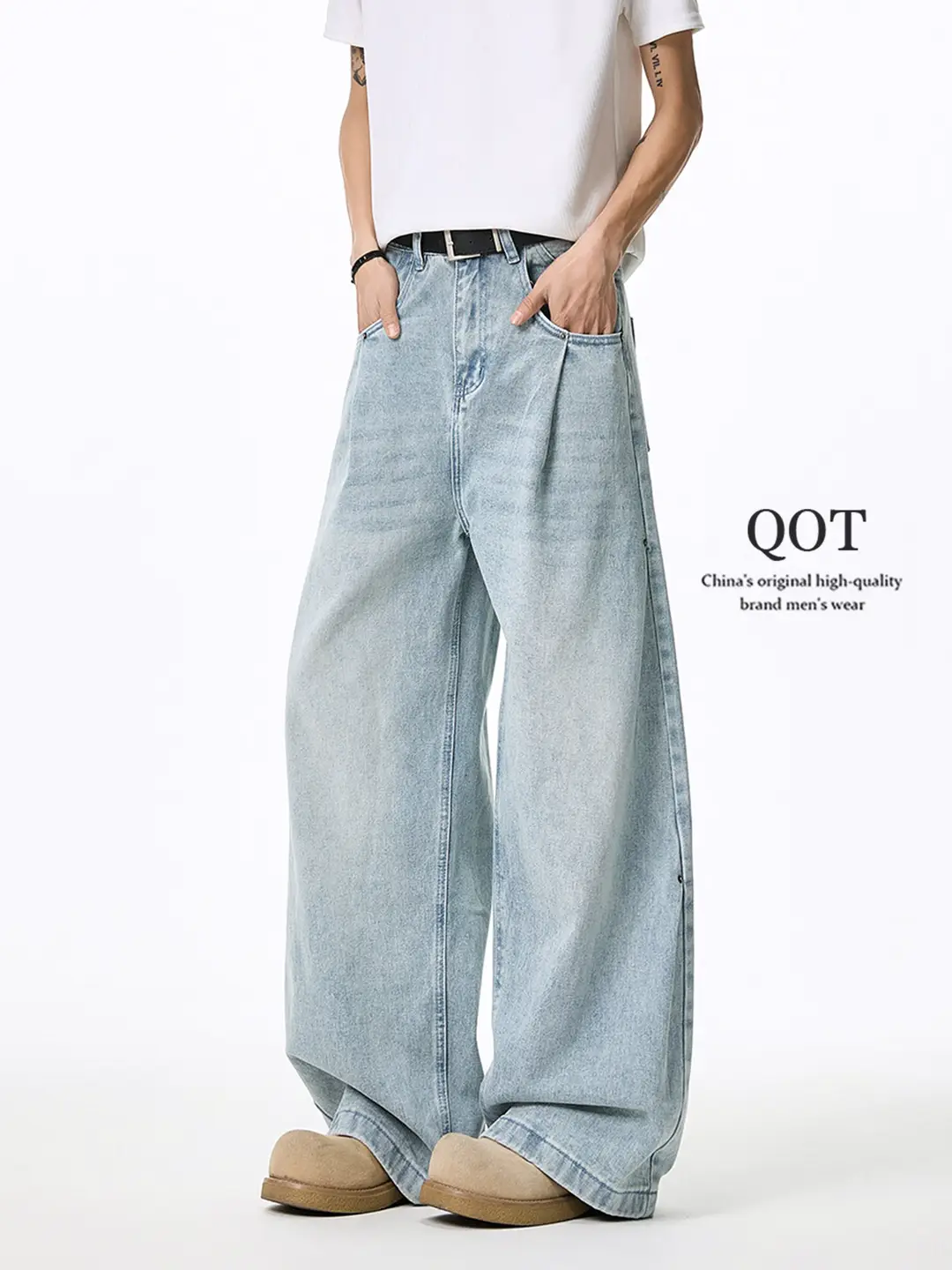 American-Style Washed Ice Blue Jeans for Men and Women, Autumn Trendy Brand Cleanfit Loose Straight Casual Wide-Leg Pants