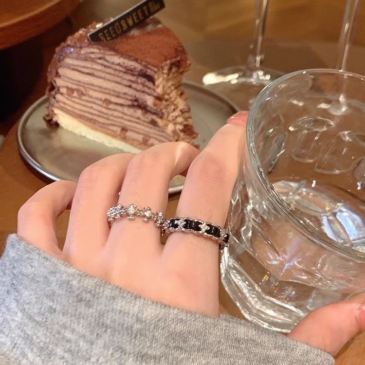Sweet cool Chanel style stacked open ring female zircon niche design plain ring fashion personalized index finger ring plain ring