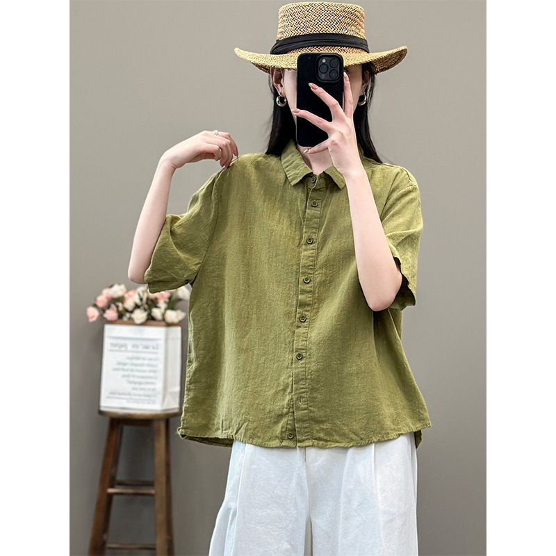 Literary Retro Style Linen Shirt for Women Summer Elegant Work Clothing Pure Color Versatile Lapel Cotton and Linen Three-Quarter Sleeve Top for Women