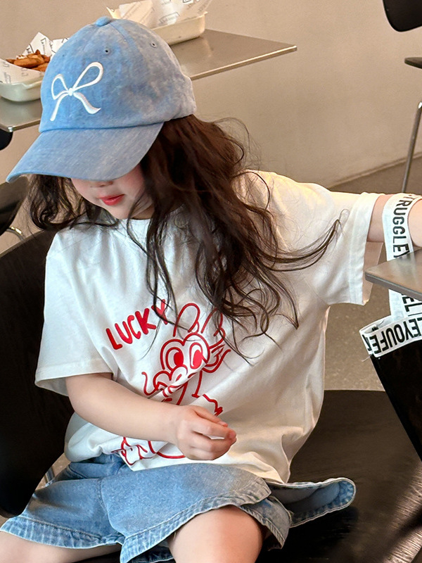 Children's Thin Short-Sleeved 2026 Summer New Style Girls' Clothing Printed T-Shirts for Older Kidsren Korean Style Fashionable Summer Clothes