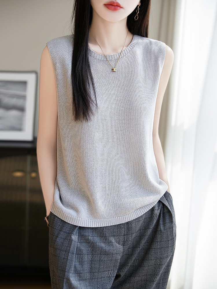Linen Knitted Vest New 2025 Summer Outer Wear Solid Color Pullover Draped Crewneck Women's Sleeveless Sweater