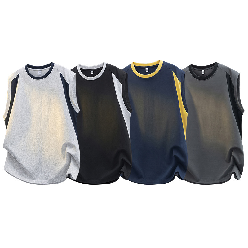 Wholesale Trendy Brand Sleeveless Round-Neck Men's Tops for Summer, Color-Blocked Casual Sports Tank Tops for Teenagers