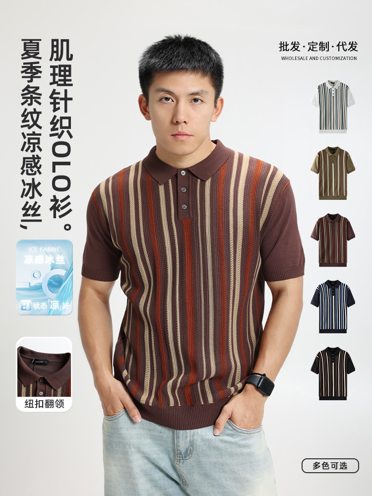 European and American Cross-Border Men's Clothing, American Retro Polo Shirt, Short-Sleeved Men's High-End Summer Striped T-Shirt, Knitted Polo Shirt