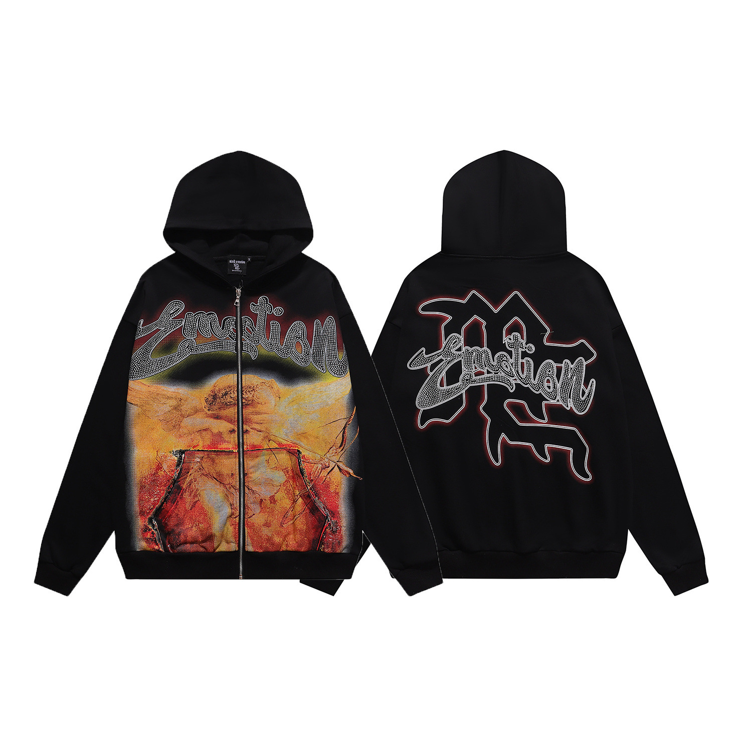 Mixed Emotion Rhinestone Angel Hot Diamond High Weight Terry Hoodie Cardigan for Men and Women