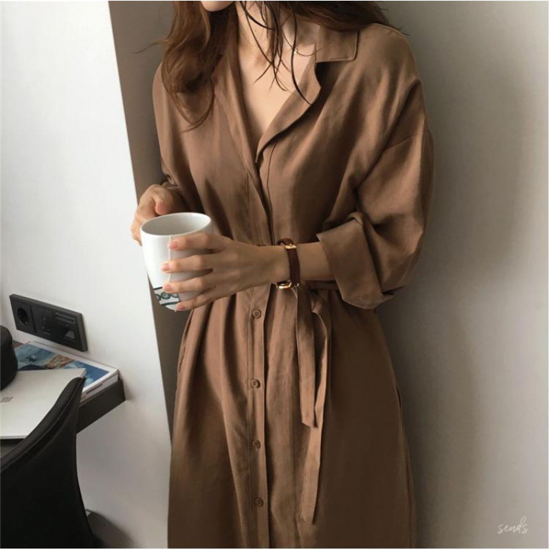 Vintage Hong Kong Style Shirt Dress Lace-up Waist Slim Long Coat Women's Loose Lazy Style bf Shirt Dress