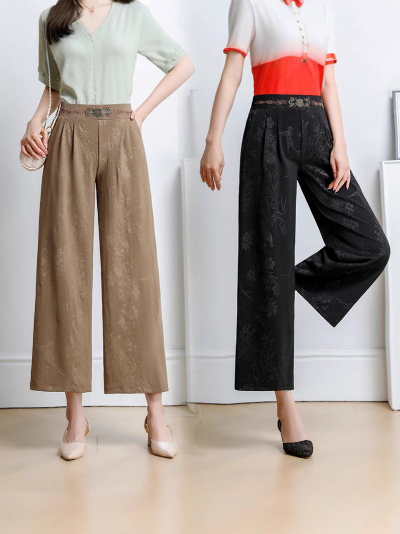 Narrow Wide-Leg Pants for Women, Chinese Style Mom Pants, Plus Size High-Waisted Loose Nine-Point Pants, Ice Silk Jacquard Pants for Women