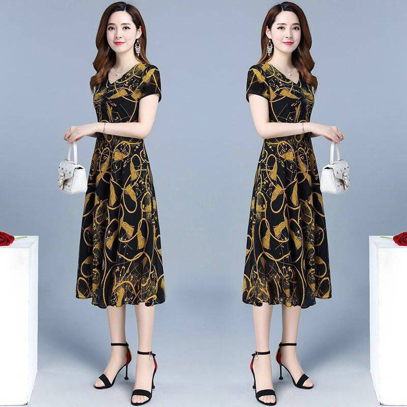 Spring and Summer Plus-Size Women's Floral Dress for Middle-Aged and Elderly Mothers, Slim Fit, Elegant, Age-Reducing, Trendy for Wealthy Ladies