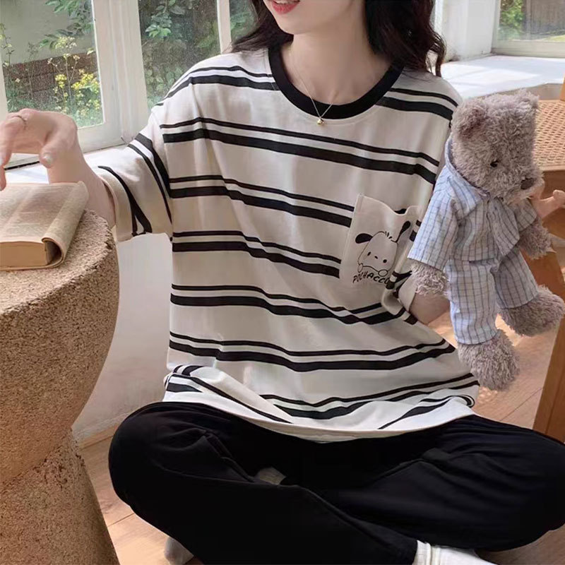 Summer Imitation Cotton Striped Pajamas for Women, Short-Sleeved and Long-Pants, New Simple Casual Loose-Fitting Spring and Autumn Thin Home Wear Set