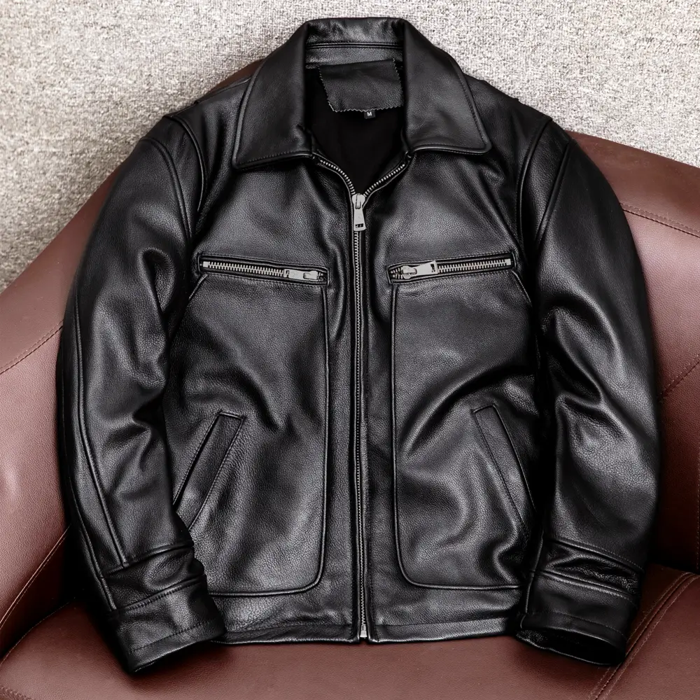 Autumn New Style Genuine First-Layer Cowhide Leather Jacket for Men, Casual Lapel Leather Jacket, Large Size Middle-Aged Men's Outerwear
