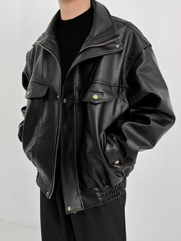 Vintage Motorcycle Soft Leather Jacket for Men, American Style Faux Leather Thick Short Pilot Jacket for Autumn and Winter with a High-End Feel