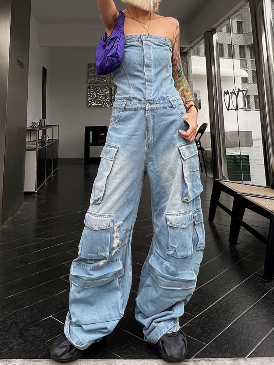 2026 Spring New Fashion Street Style Strapless Waist-Cinching Hot Girl Multi-Pocket Denim Overalls Jumpsuit for Women