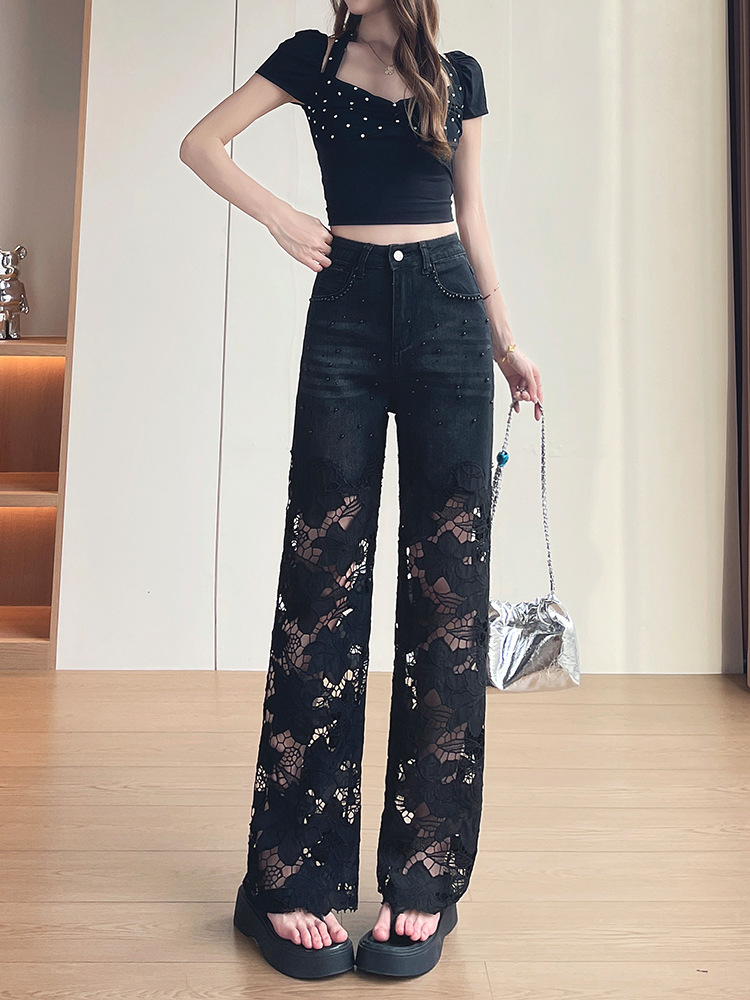 Black Fashionable Lace Hollow-Out Wide-Leg Jeans for Women, New Spring/Summer Style, Loose Fit, Slimming, Trendy Straight-Leg Pants, Ins Style