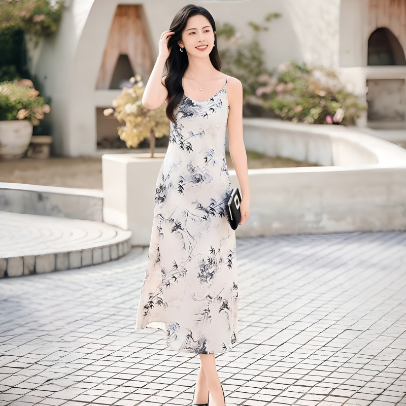 2026 New Summer Fashion Printed Dress with a High-Waisted Satin Slip Dress for Layering, Suitable for Commuting and Creating a Youthful Look