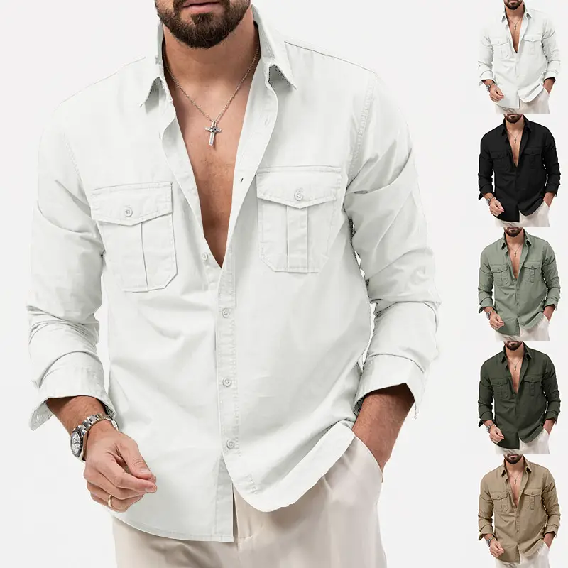 2024 New Cross-border Foreign Trade AliExpress Independent Station European and American Men's Shirt Multi-pocket Casual Long Sleeve Top for Men