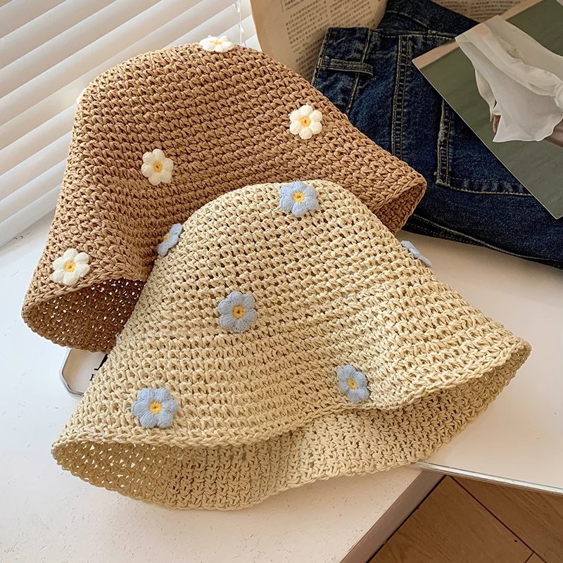 Flower Straw Hat Women's Summer Seaside Sunscreen Fisherman's Hat Foldable Holiday Wind Travel Hollow Woven Hat