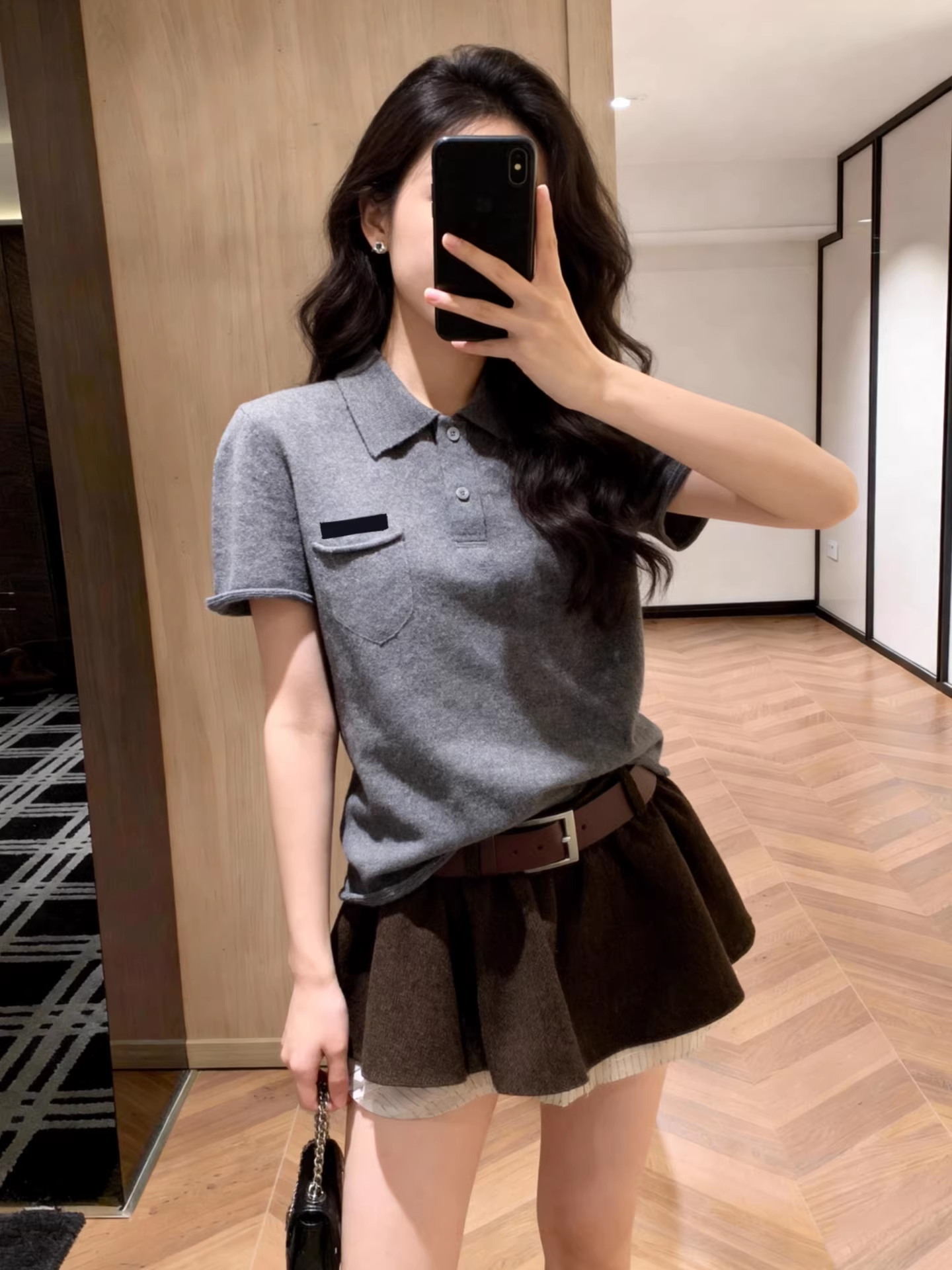 Miu Style College Style Top Polo Collar Casual Loose Versatile Gray Wool Short-Sleeved Women's T-Shirt 26 New Style