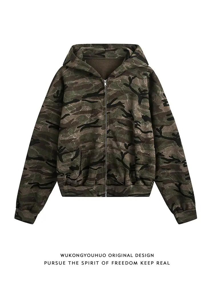 Wukong Has in Stock American Retro Camouflage Short Cardigan Jacket for Men and Women, Trendy Brand Cleanfit Couple Versatile Jacket