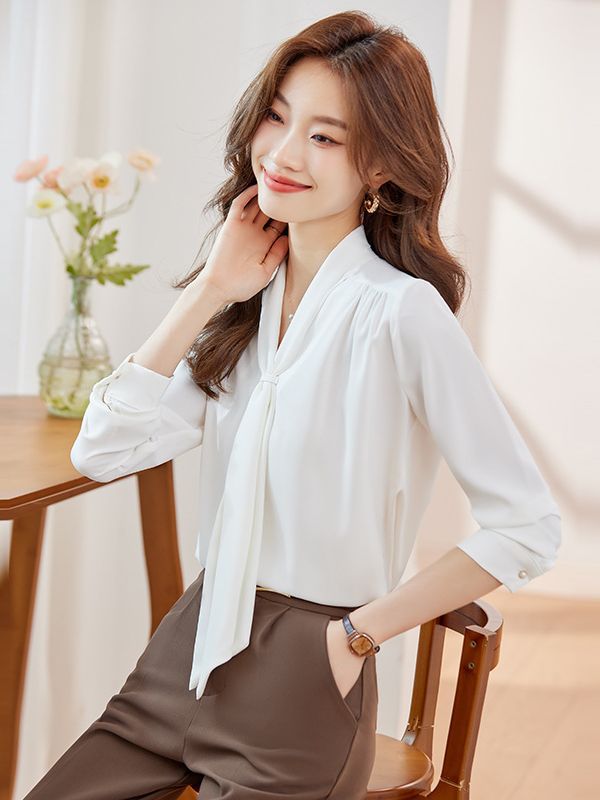 New Korean style fashionable white long-sleeved chiffon shirt spring and summer loose bow design women's professional top