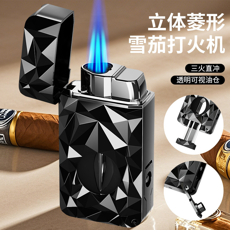 New Multifunctional Cigar Lighter with V-Shears Diamond Facet Three Straight Windproof Portable Hole Opening Cross-border