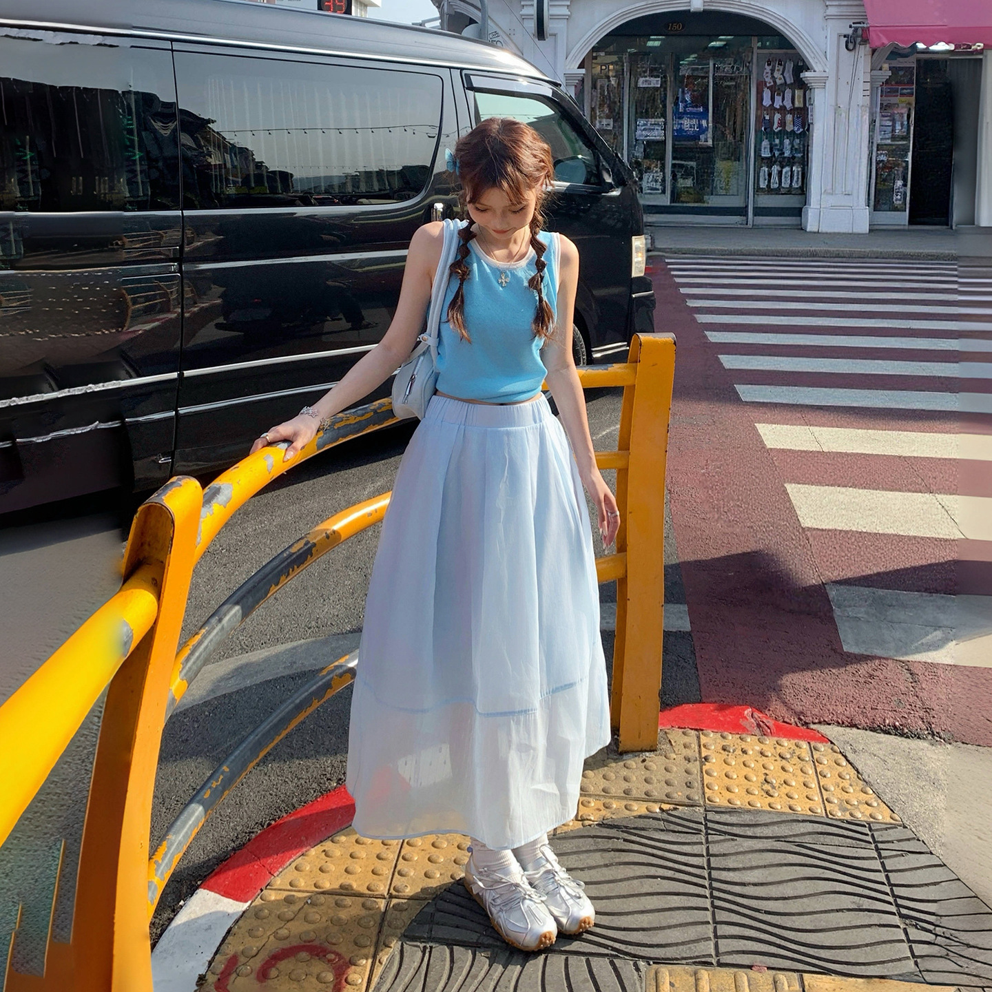 Blue Mesh Drapey Skirt for Women 2026 Summer New High-Waisted Loose A-Line Slimming Casual Mid-Length Skirt
